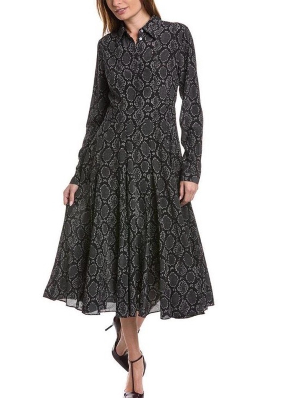 Michael Kors Collection 100% Silk Graphite Snake Print Long-Sleeve Shirt Dress